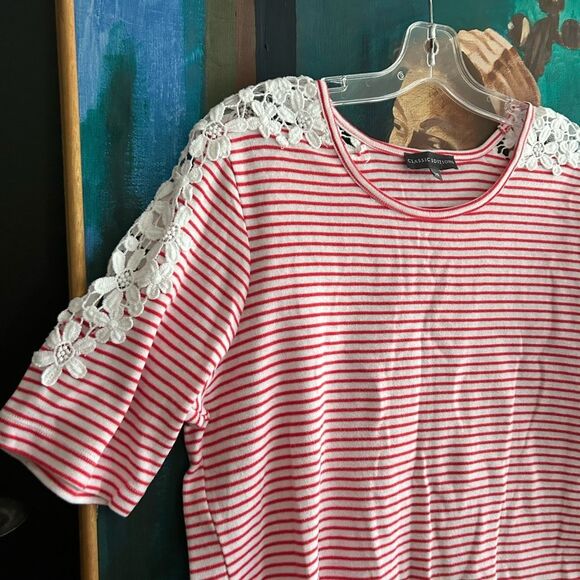 Classic Editions Chic Striped Red and White Tee with Lace Details L - Picture 4 of 16